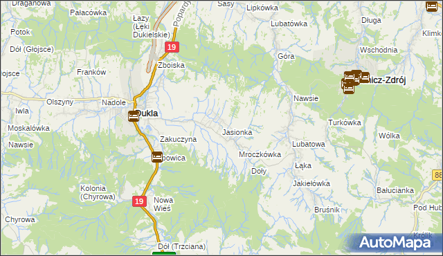mapa Jasionka gmina Dukla, Jasionka gmina Dukla na mapie Targeo