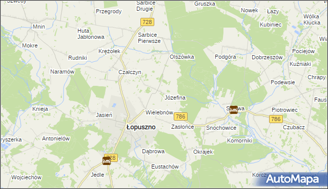 mapa Józefina gmina Łopuszno, Józefina gmina Łopuszno na mapie Targeo