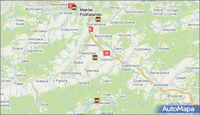 mapa Juszczyn gmina Maków Podhalański, Juszczyn gmina Maków Podhalański na mapie Targeo