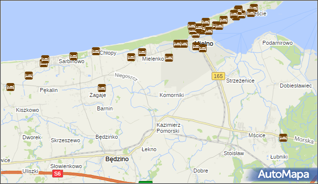 mapa Komorniki gmina Mielno, Komorniki gmina Mielno na mapie Targeo