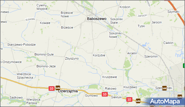 mapa Korzybie gmina Baboszewo, Korzybie gmina Baboszewo na mapie Targeo