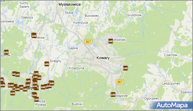 mapa Kowary powiat jeleniogórski, Kowary powiat jeleniogórski na mapie Targeo