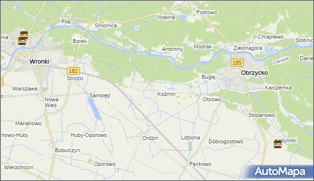 mapa Koźmin gmina Obrzycko, Koźmin gmina Obrzycko na mapie Targeo