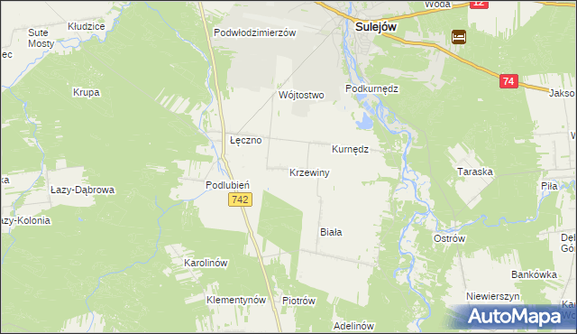 mapa Krzewiny gmina Sulejów, Krzewiny gmina Sulejów na mapie Targeo