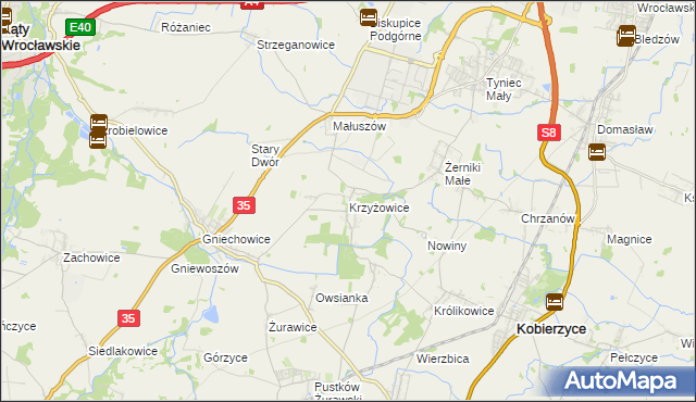 mapa Krzyżowice gmina Kobierzyce, Krzyżowice gmina Kobierzyce na mapie Targeo