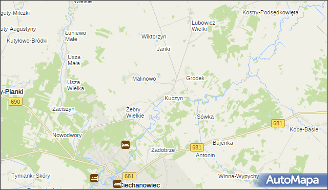 mapa Kuczyn gmina Klukowo, Kuczyn gmina Klukowo na mapie Targeo