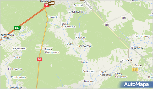 mapa Kuskowizna gmina Ostrów Mazowiecka, Kuskowizna gmina Ostrów Mazowiecka na mapie Targeo