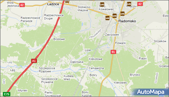 mapa Lipie gmina Radomsko, Lipie gmina Radomsko na mapie Targeo