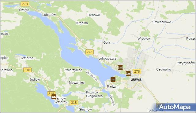 mapa Lubogoszcz gmina Sława, Lubogoszcz gmina Sława na mapie Targeo