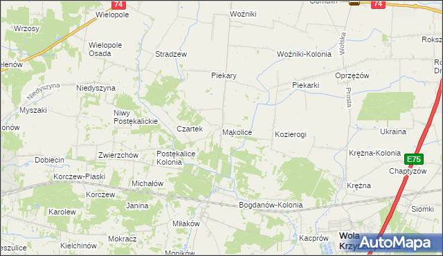 mapa Mąkolice gmina Wola Krzysztoporska, Mąkolice gmina Wola Krzysztoporska na mapie Targeo