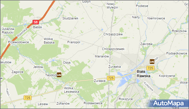 mapa Marianów gmina Biała Rawska, Marianów gmina Biała Rawska na mapie Targeo