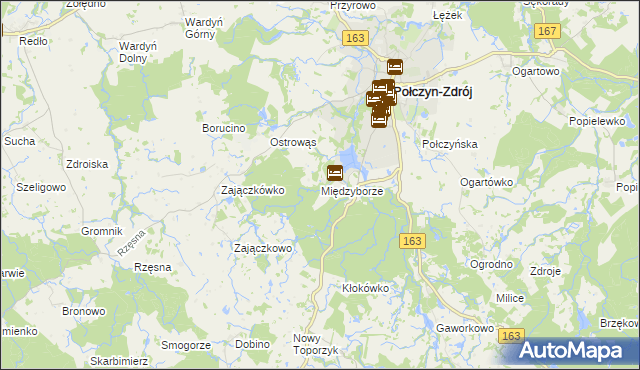 mapa Międzyborze gmina Połczyn-Zdrój, Międzyborze gmina Połczyn-Zdrój na mapie Targeo