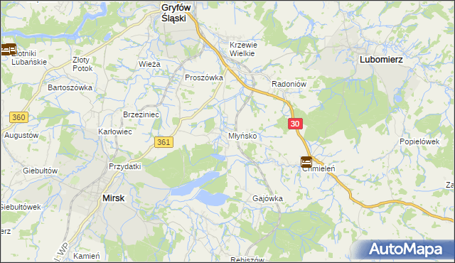 mapa Młyńsko gmina Gryfów Śląski, Młyńsko gmina Gryfów Śląski na mapie Targeo
