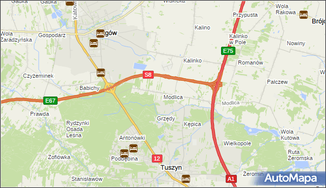 mapa Modlica gmina Tuszyn, Modlica gmina Tuszyn na mapie Targeo