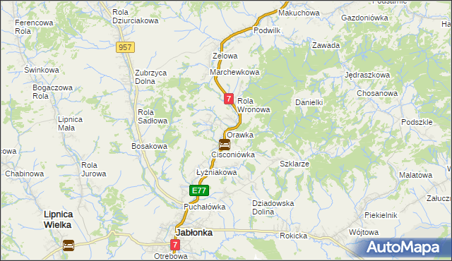 mapa Orawka gmina Jabłonka, Orawka gmina Jabłonka na mapie Targeo