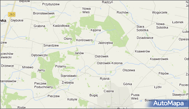 mapa Ostrówek gmina Grabów, Ostrówek gmina Grabów na mapie Targeo