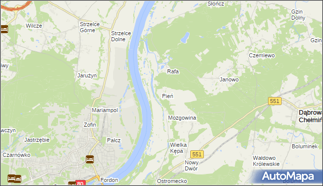mapa Pień gmina Dąbrowa Chełmińska, Pień gmina Dąbrowa Chełmińska na mapie Targeo