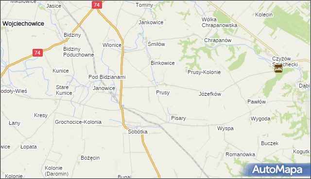 mapa Prusy gmina Ożarów, Prusy gmina Ożarów na mapie Targeo