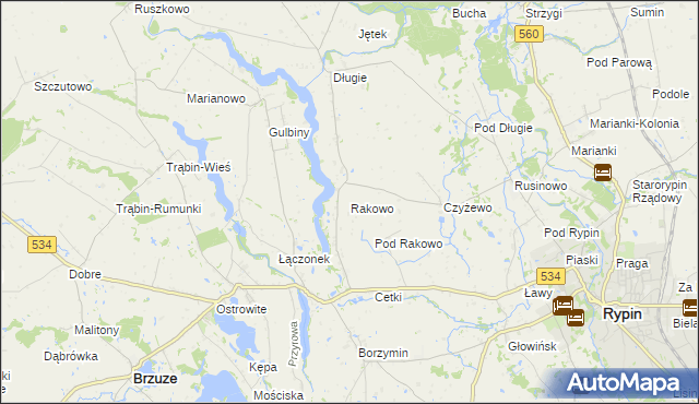mapa Rakowo gmina Rypin, Rakowo gmina Rypin na mapie Targeo