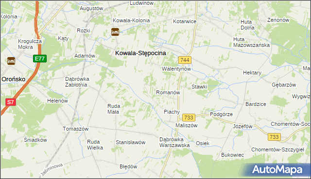 mapa Romanów gmina Kowala, Romanów gmina Kowala na mapie Targeo