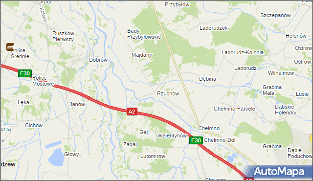 mapa Rzuchów gmina Dąbie, Rzuchów gmina Dąbie na mapie Targeo