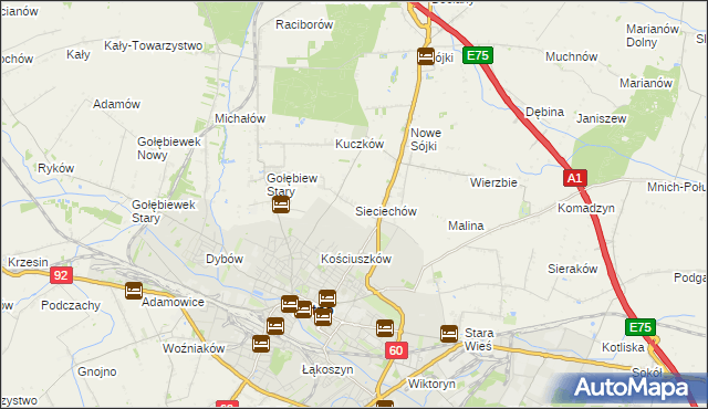 mapa Sieciechów gmina Kutno, Sieciechów gmina Kutno na mapie Targeo
