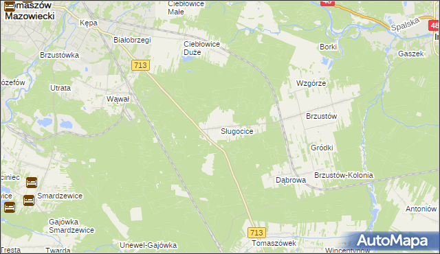mapa Sługocice gmina Tomaszów Mazowiecki, Sługocice gmina Tomaszów Mazowiecki na mapie Targeo