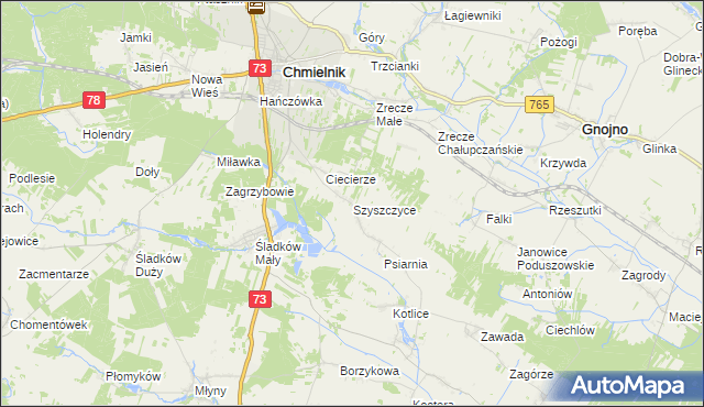 mapa Szyszczyce gmina Chmielnik, Szyszczyce gmina Chmielnik na mapie Targeo