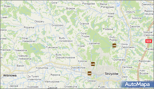 mapa Tropie gmina Strzyżów, Tropie gmina Strzyżów na mapie Targeo