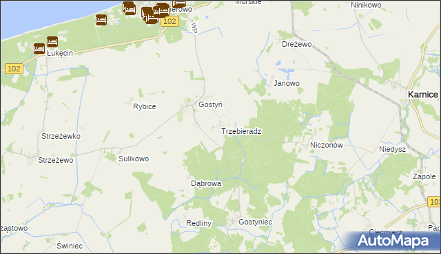 mapa Trzebieradz gmina Świerzno, Trzebieradz gmina Świerzno na mapie Targeo