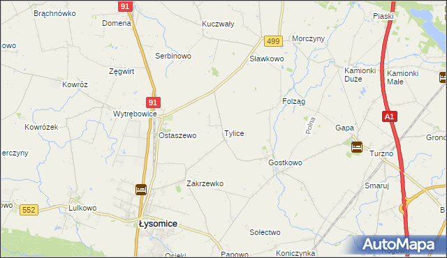mapa Tylice gmina Łysomice, Tylice gmina Łysomice na mapie Targeo