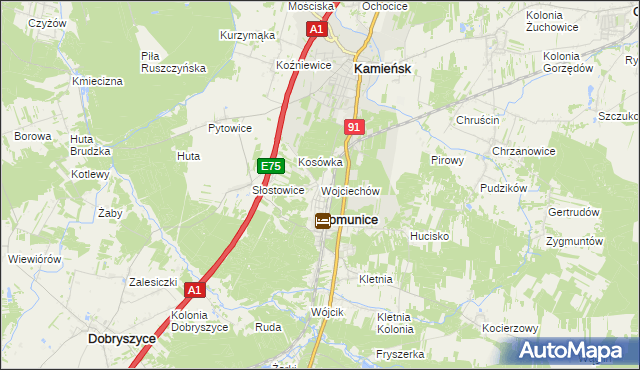 mapa Wojciechów gmina Gomunice, Wojciechów gmina Gomunice na mapie Targeo