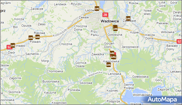 mapa Zawadka gmina Wadowice, Zawadka gmina Wadowice na mapie Targeo