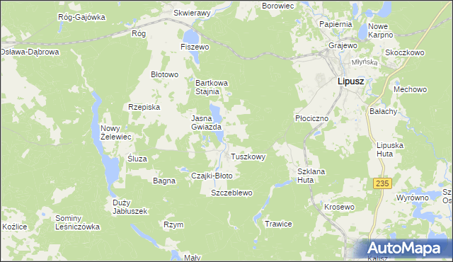 mapa Zielony Dwór gmina Lipusz, Zielony Dwór gmina Lipusz na mapie Targeo