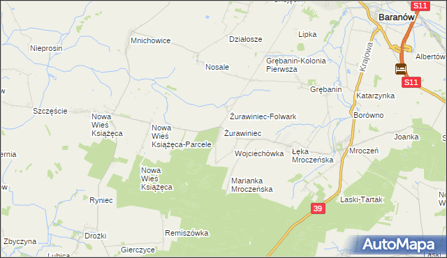 mapa Żurawiniec gmina Baranów, Żurawiniec gmina Baranów na mapie Targeo