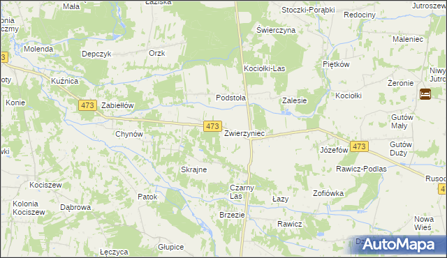 mapa Zwierzyniec gmina Drużbice, Zwierzyniec gmina Drużbice na mapie Targeo