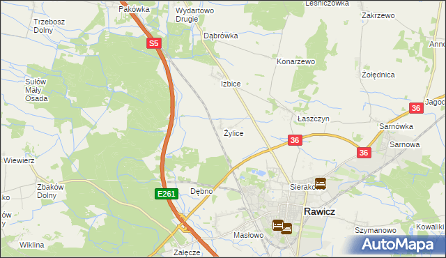 mapa Żylice gmina Rawicz, Żylice gmina Rawicz na mapie Targeo