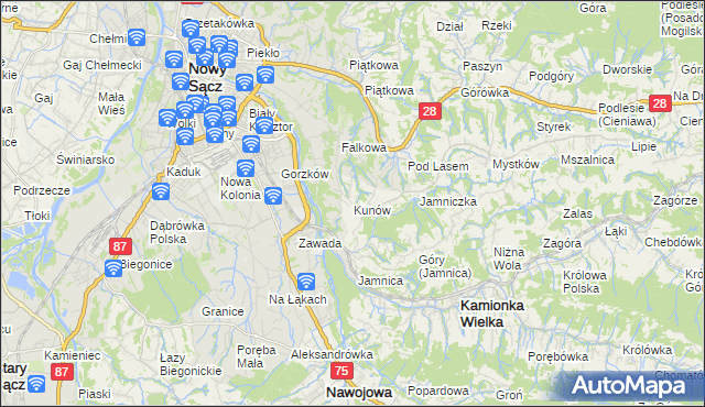 mapa Kunów gmina Chełmiec, Kunów gmina Chełmiec na mapie Targeo
