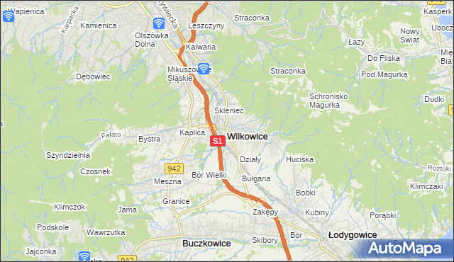 mapa Wilkowice powiat bielski, Wilkowice powiat bielski na mapie Targeo