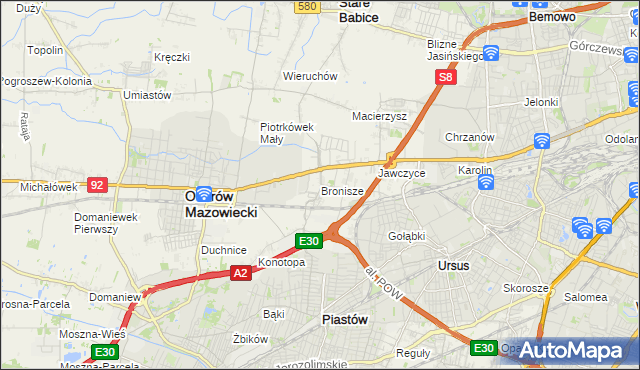 mapa Bronisze gmina Ożarów Mazowiecki, Bronisze gmina Ożarów Mazowiecki na mapie Targeo