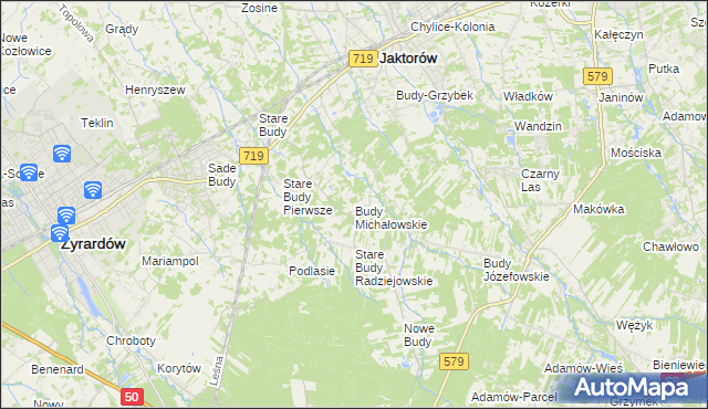 mapa Budy Michałowskie gmina Jaktorów, Budy Michałowskie gmina Jaktorów na mapie Targeo