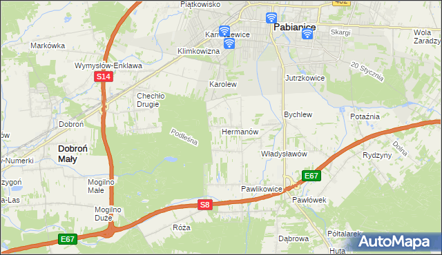 mapa Hermanów gmina Pabianice, Hermanów gmina Pabianice na mapie Targeo