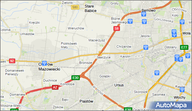 mapa Jawczyce gmina Ożarów Mazowiecki, Jawczyce gmina Ożarów Mazowiecki na mapie Targeo