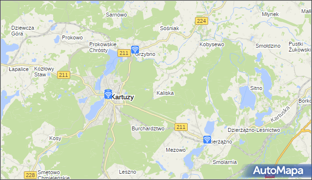 mapa Kaliska gmina Kartuzy, Kaliska gmina Kartuzy na mapie Targeo