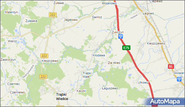 mapa Kłodawa gmina Trąbki Wielkie, Kłodawa gmina Trąbki Wielkie na mapie Targeo