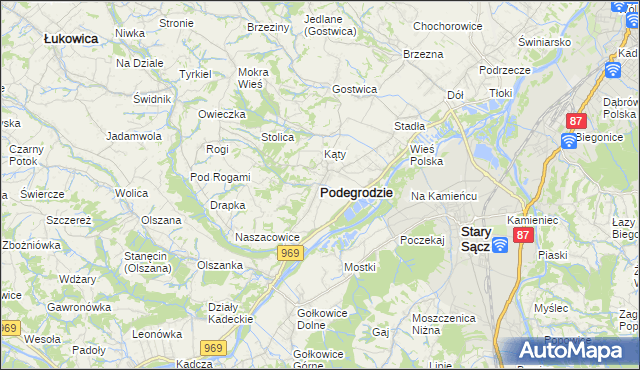 mapa Podegrodzie powiat nowosądecki, Podegrodzie powiat nowosądecki na mapie Targeo