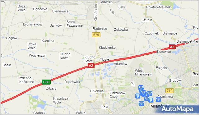 mapa Tłuste gmina Grodzisk Mazowiecki, Tłuste gmina Grodzisk Mazowiecki na mapie Targeo