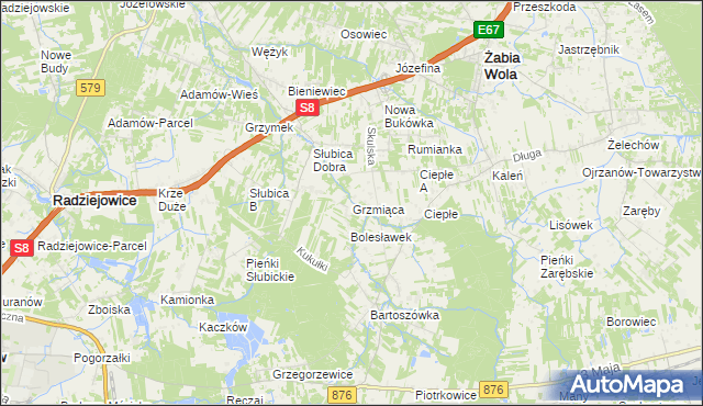 mapa Grzmiąca gmina Żabia Wola, Grzmiąca gmina Żabia Wola na mapie Targeo