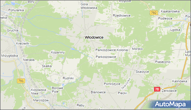 mapa Parkoszowice gmina Włodowice, Parkoszowice gmina Włodowice na mapie Targeo