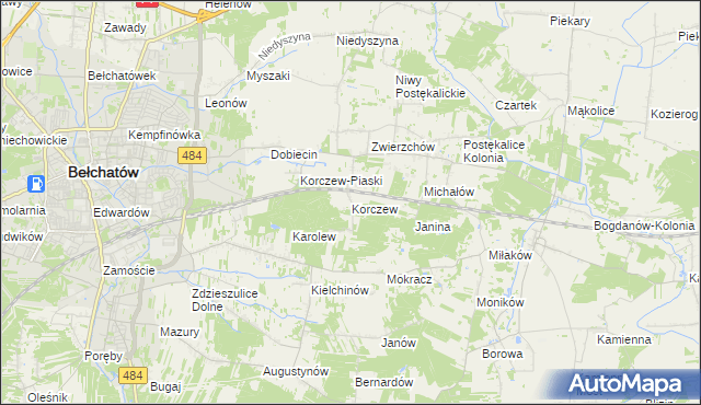 mapa Korczew gmina Bełchatów, Korczew gmina Bełchatów na mapie Targeo